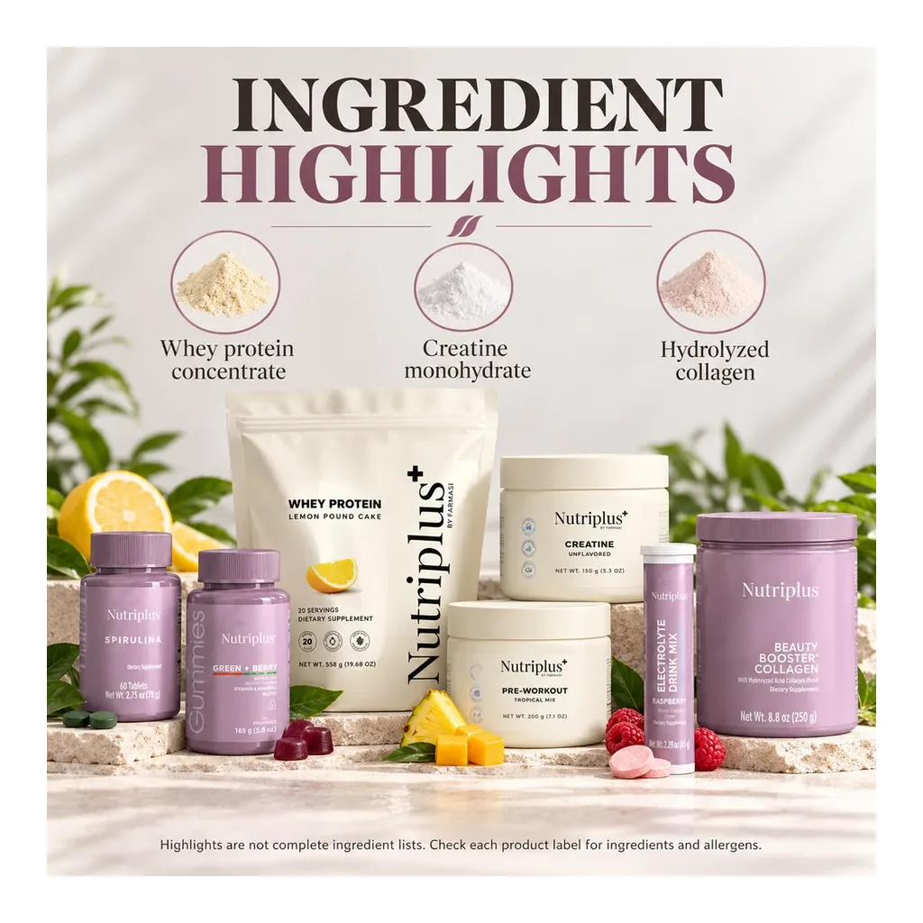 FARMASI Strong Body PK93265 - Ingredient highlights Strong Body seven-product fixed selection with Whey Lemon Pound Cake, Pre-Workout Tropical Mix and Electrolytes Raspberry — Ingredient highlights.