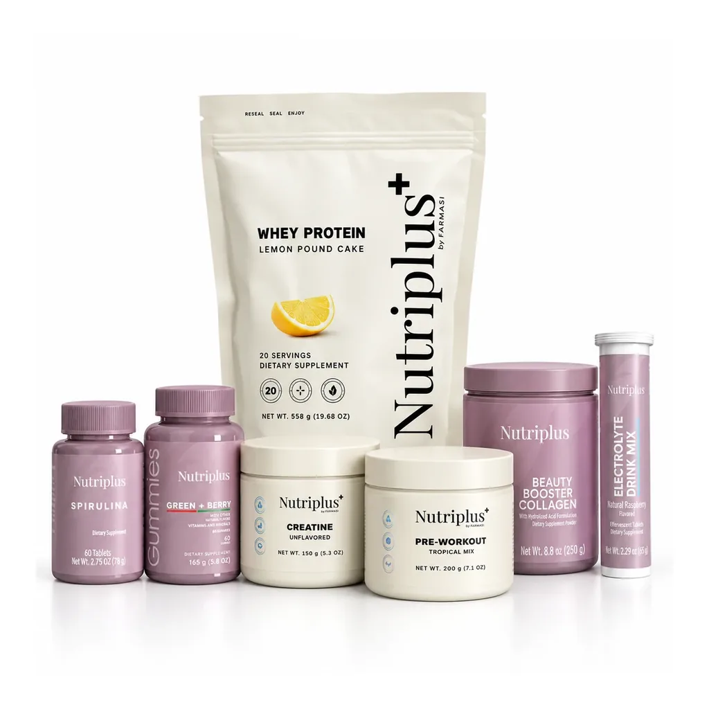 FARMASI Strong Body PK93265 - Front packaging details Strong Body seven-product fixed selection with Whey Lemon Pound Cake, Pre-Workout Tropical Mix and Electrolytes Raspberry — Front packaging details.