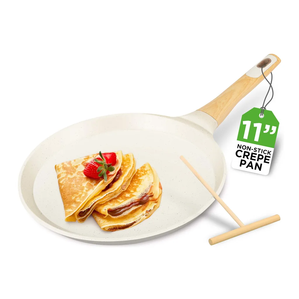 a263a277-aafa-4795-a2c2-6de971bf3275.jpg NutriChef - 11” Non-Stick Crepe Pan, Marble Coated, Wooden Spreader, Induction Bottom, White (NCMKCP002411WT) - Cream