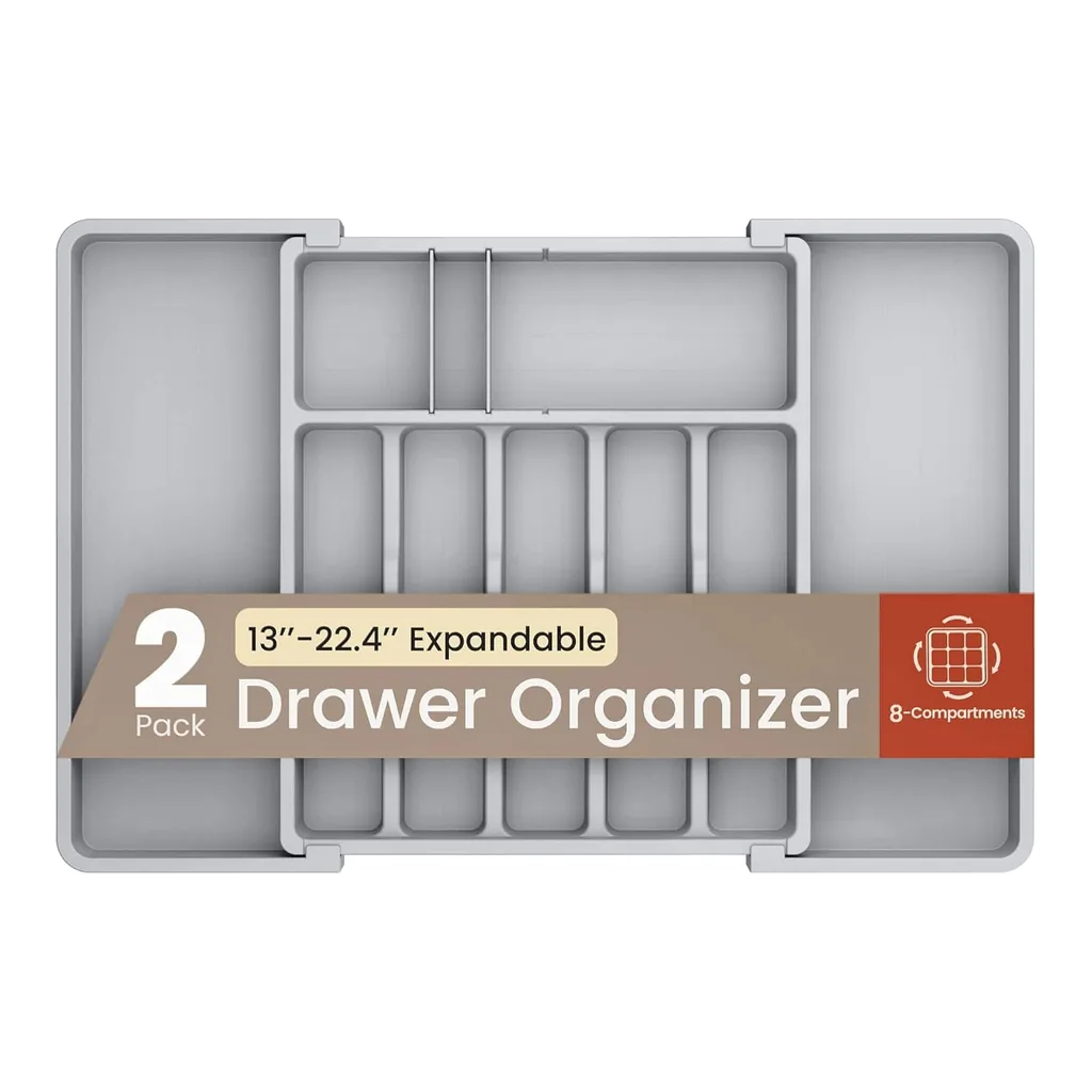 a3160332-4145-4e3c-bb81-5e666a075c00.jpg Bakken- Swiss - Expandable Utensil Organizer 2-Pack – 8 Compartments, 13"-22.4", Durable, BPA-Free, Easy Clean - Gray