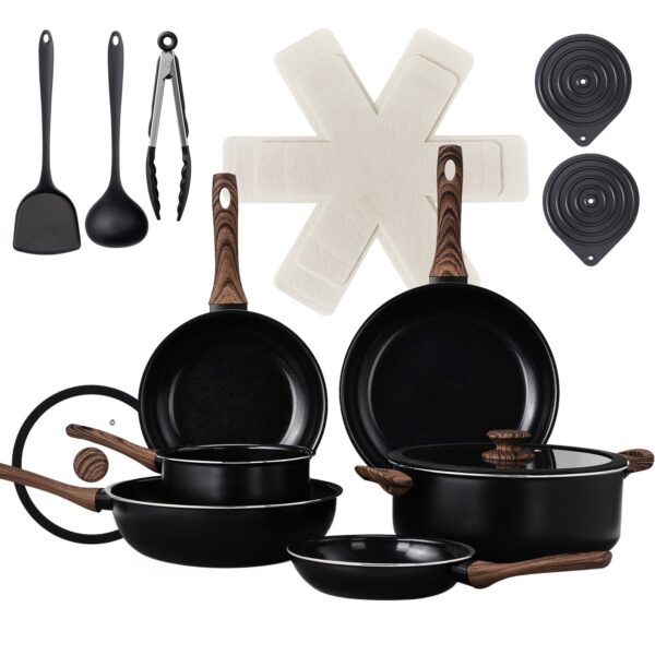 a4dbacbb-73a4-4110-bf0b-fcaa6aa7105b.jpg Winado - 20 Pieces Nonstick Cookware Set with 6 Pots and Pans & 3 Silicone Lids & Wood Grain Handles & Pot Mat for Family Meals - Black