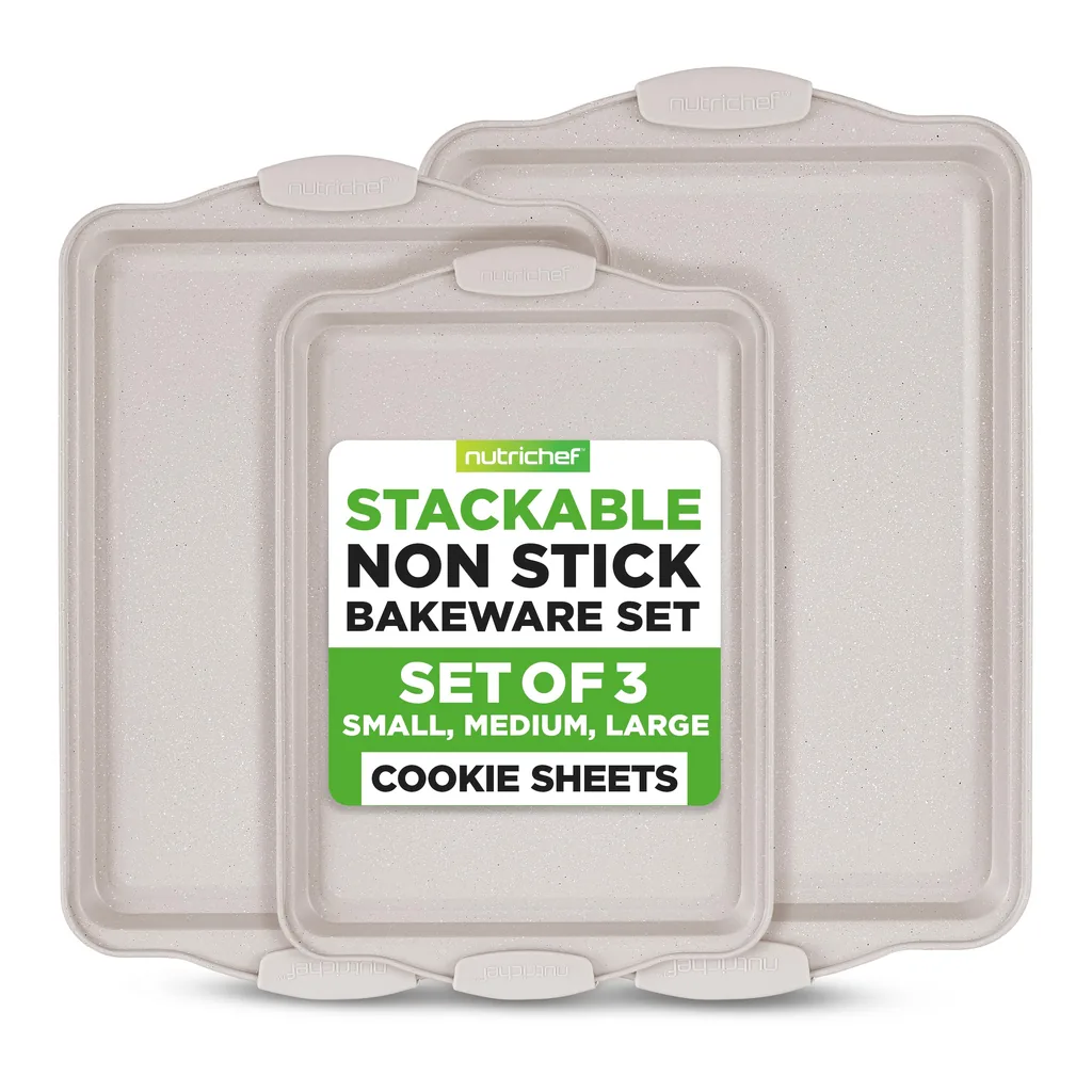 Version 1.0.0 NutriChef - NCBKT3CM 3 Piece Nonstick Cookie Sheets for Baking - Carbon Steel Baking Pans - Cream Marble