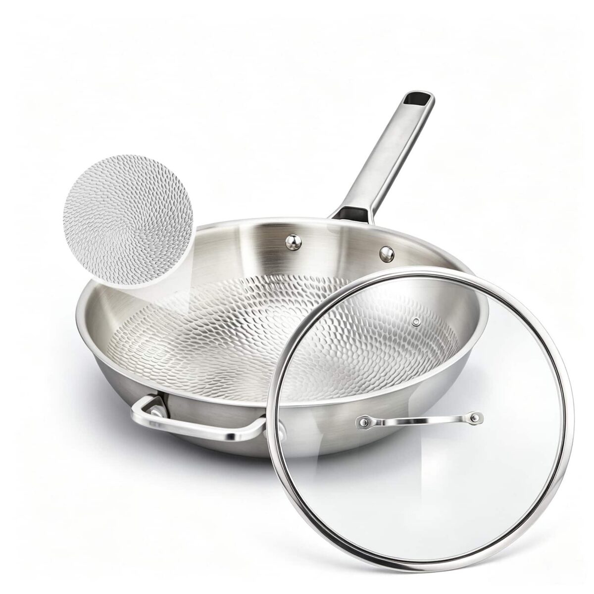 a5722265-8b81-47ca-a0ff-ee53d2e15326.jpg Winado - 12 Inch Pure Titanium Frying Pan with Hammered Surface and Glass Lid for Stir Frying, Deep Frying, and Healthy Cooking - Silver
