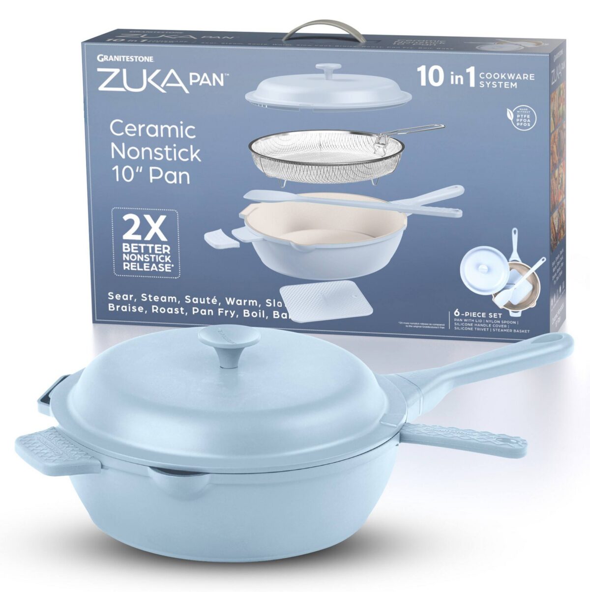 a57ebf8b-0225-471b-b5e2-3e2868e0e772.jpg Granitestone - Zuka Everyday Pan 10" Nonstick Multi-Functional Saute Pan with Lid, Nylon Spoon and Steamer Basket - Blue