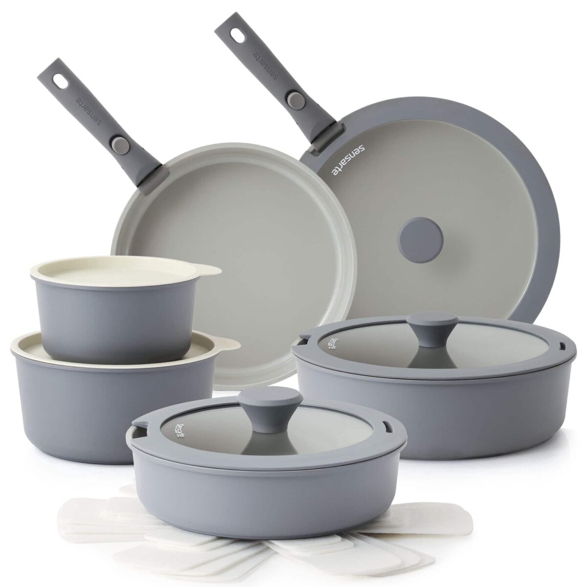 a5bc6cf8-fe83-48b0-9fc5-a5c750e45f34.jpg SENSARTE - 18Pcs Nonstick Pots and Pans Set with Detachable Handle, Induction Compatible, Stackable, Dishwasher/Oven Safe - Gray