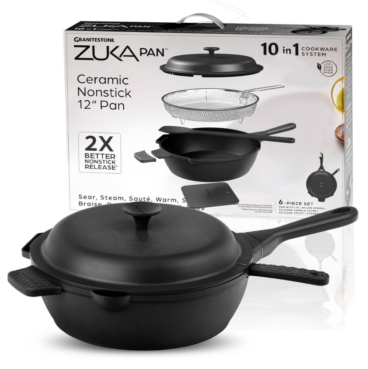 a7c15e2e-34be-4d0a-86ff-ed5e1f83a21a.jpg Granitestone - Zuka Everyday Pan 12" Nonstick Multi-Functional Saute Pan with Lid, Nylon Spoon and Steamer Basket - Black