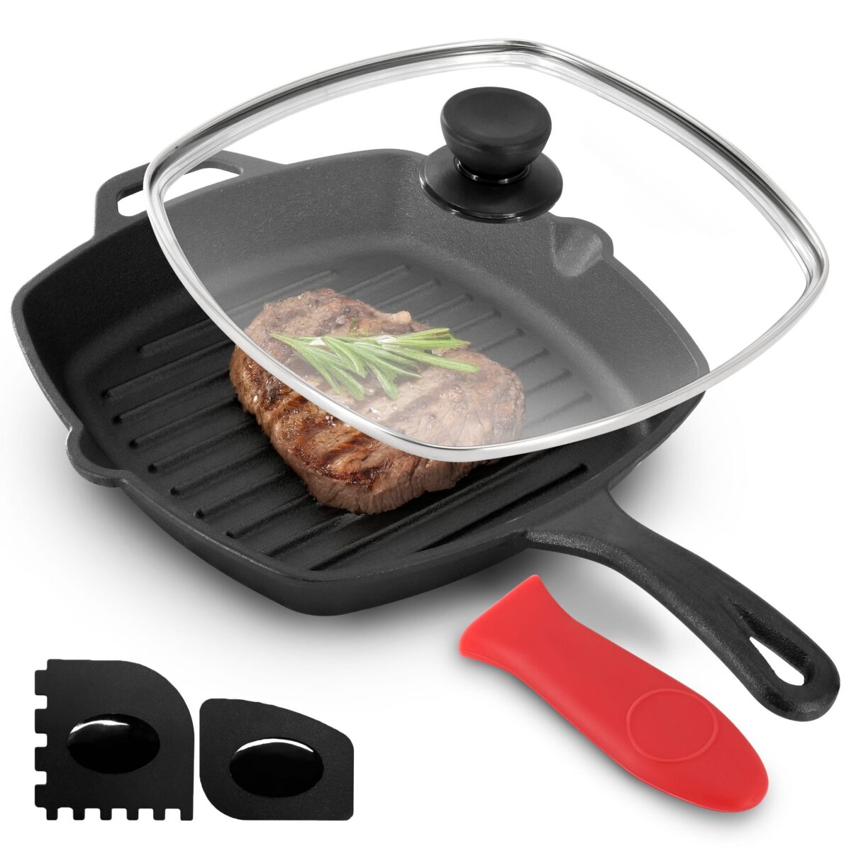 ab8bab10-0c03-4c44-a693-80bc66022ae8.jpg MegaChef - 10.4 Inch Pre-Seasoned Cast Iron Griddle with Tempered Glass Lid - Black and Red