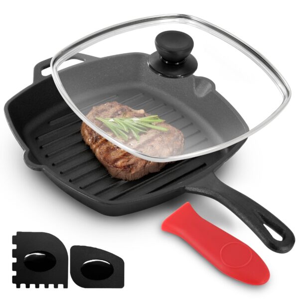 ab8bab10-0c03-4c44-a693-80bc66022ae8.jpg MegaChef - 10.4 Inch Pre-Seasoned Cast Iron Griddle with Tempered Glass Lid - Black and Red