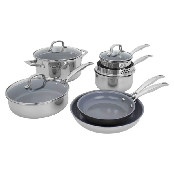 acd79a2f-89e8-45bf-8931-3b6093518d6d.jpg Henckels - Clad H3 10-pc Ceramic Nonstick Cookware Set - Stainless Steel