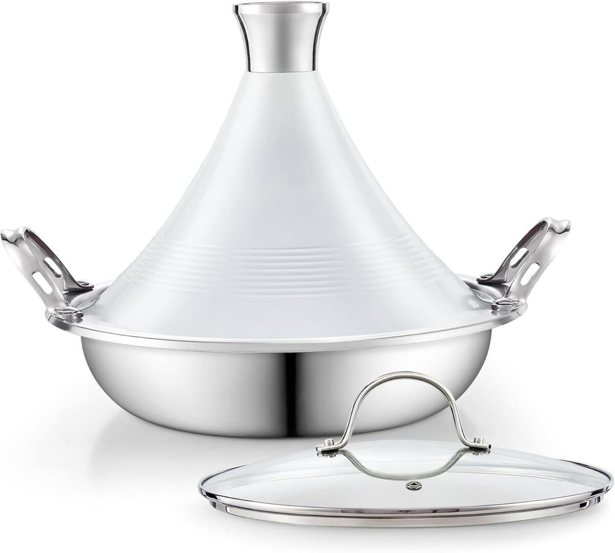 adbfcc67-7c1a-4b64-b3fd-6d428288b6ab.jpg Cooks Standard - Multi-Ply Clad Tagine Set,Die Cast Aluminum White Lid+Glass Lid - Stainless Steel