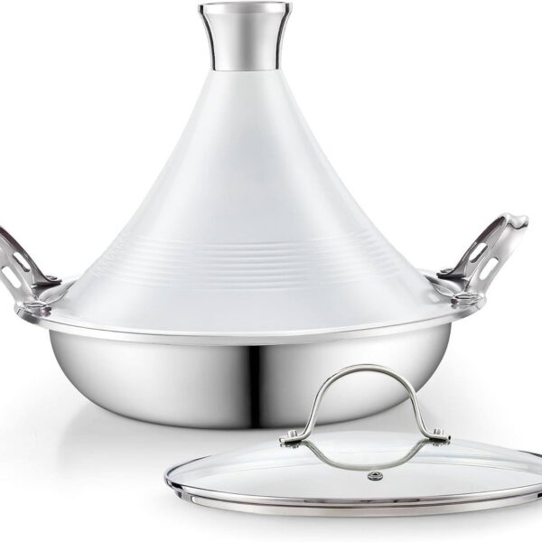 adbfcc67-7c1a-4b64-b3fd-6d428288b6ab.jpg Cooks Standard - Multi-Ply Clad Tagine Set,Die Cast Aluminum White Lid+Glass Lid - Stainless Steel