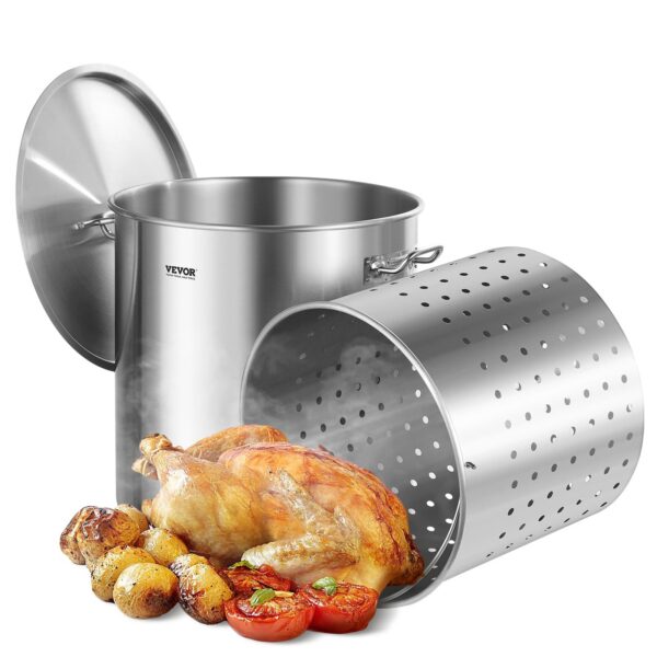 addfa70a-6f89-4507-b1af-f979a6f1b3cb.jpg VEVOR - Stainless Steel Stockpot, 84 Quart Large Cooking Pots, Cookware Sauce Pot with Basket, Lid, and Handle, Grade Stock Pot - Stainless steel color