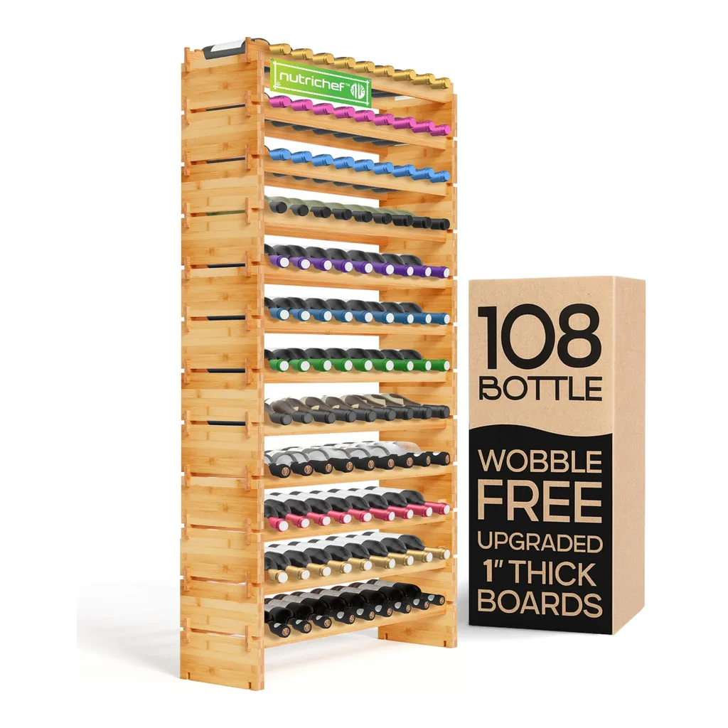 b00b60f8-197a-4082-a631-ac494fe81ffb.jpg NutriChef - 108 Bottle Wine Rack, Bamboo, 12-Tier Modular Shelf, Wobble-Free, Easy No-Tool Assembly (SLWMDSF960)