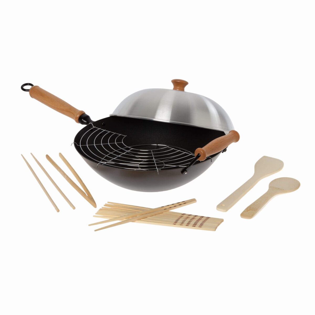 b38139ad-acc6-4bdf-9201-0e9511b73dfa.jpg Joyce Chen - Professional Series 14-Inch Carbon Steel Ceramic Nonstick Flat Bottom Wok Set with Lid and Maple Handles, 10 Pieces - Black