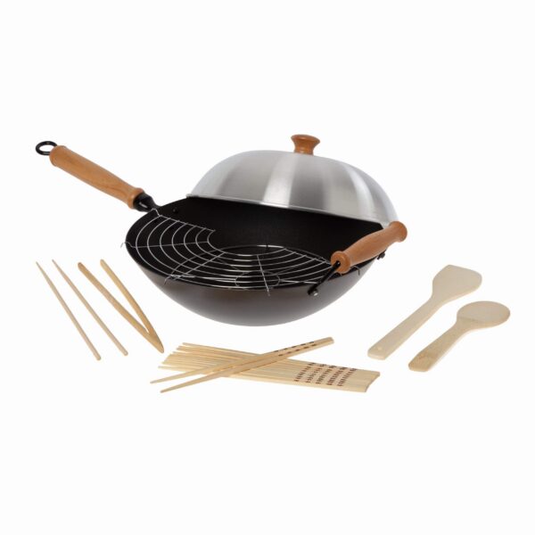 b38139ad-acc6-4bdf-9201-0e9511b73dfa.jpg Joyce Chen - Professional Series 14-Inch Carbon Steel Ceramic Nonstick Flat Bottom Wok Set with Lid and Maple Handles, 10 Pieces - Black