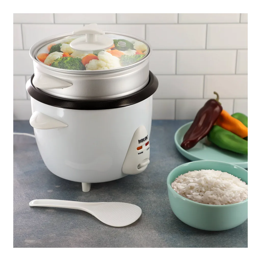 b39981fb-3d48-4880-aa2a-1314b8fc51d6.jpg Better Chef 310125287M 5 Cup Ceramic Bowl Rice Cooker with Steamer Attachment – White