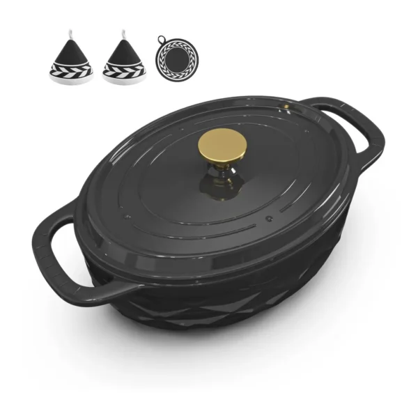b4f3f192-a5c4-433d-a792-b092428f2aea.jpg Winado - 7.5 QT Oval Enameled Cast Iron Dutch Oven Pot with Diamond Texture & Self-Basting Lid & Heat Resistant Mitts & Pot Mat - Black