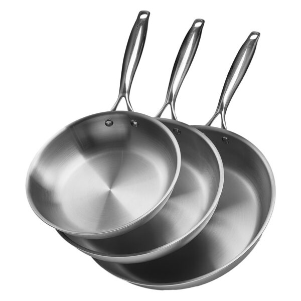 b824d66f-ae4e-4368-b2ba-5206f92ea266.jpg VEVOR - Tri-Ply Stainless Steel Frying Pan Set, 3 Sizes (8, 10, 12 in), Skillet with Heat-Resistant Handle, Versatile Cookware - Silver