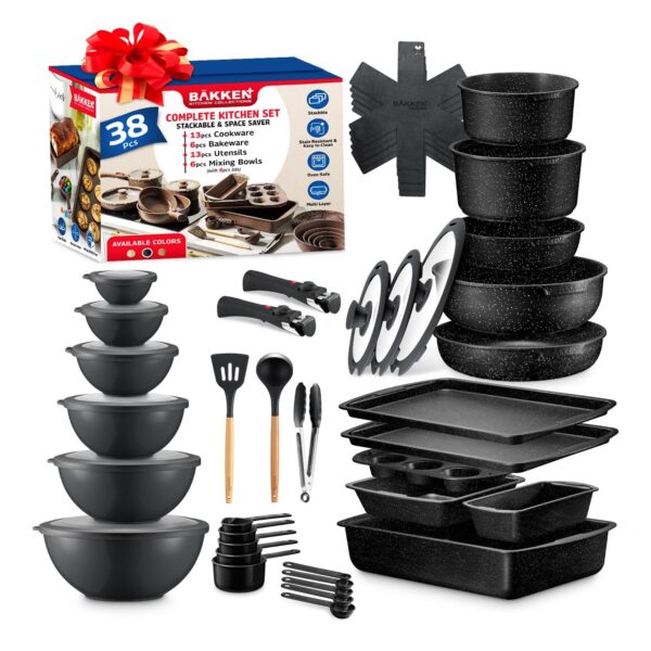 b8e0d0cf-b42c-4241-b617-9adbd71ebdd0.jpg Bakken- Swiss - Bakken Master 38-Piece Set – Granite Nonstick Cookware, Detachable Handles, Glass Lids, Bakeware & Bowls - Gray Marble