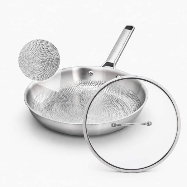 ba2a150a-0e2b-4955-acf3-024310a58b46.jpg Winado - 12 Inch Titanium Skillet Frying Pan with Hammered Texture and Tempered Glass Lid for All Cooktops Cooking and Oven Use - Silver