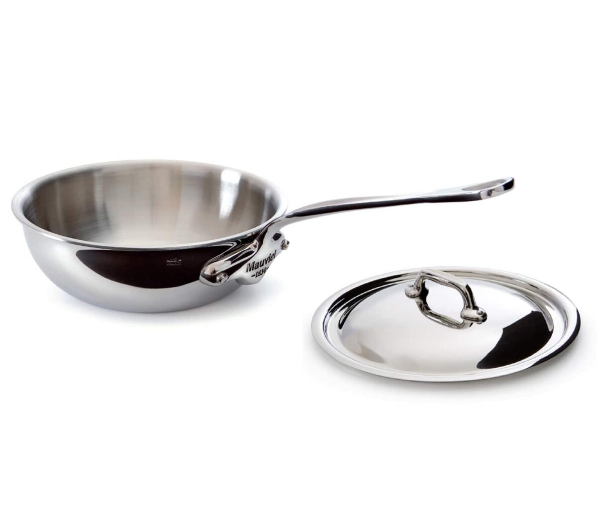ba51f513-10b7-46e7-a1bd-bfc9a30a7630.jpg Mauviel - M'Cook 3.4 qt. Stainless Steel Curved Splayed Saute Pan with Lid - Silver