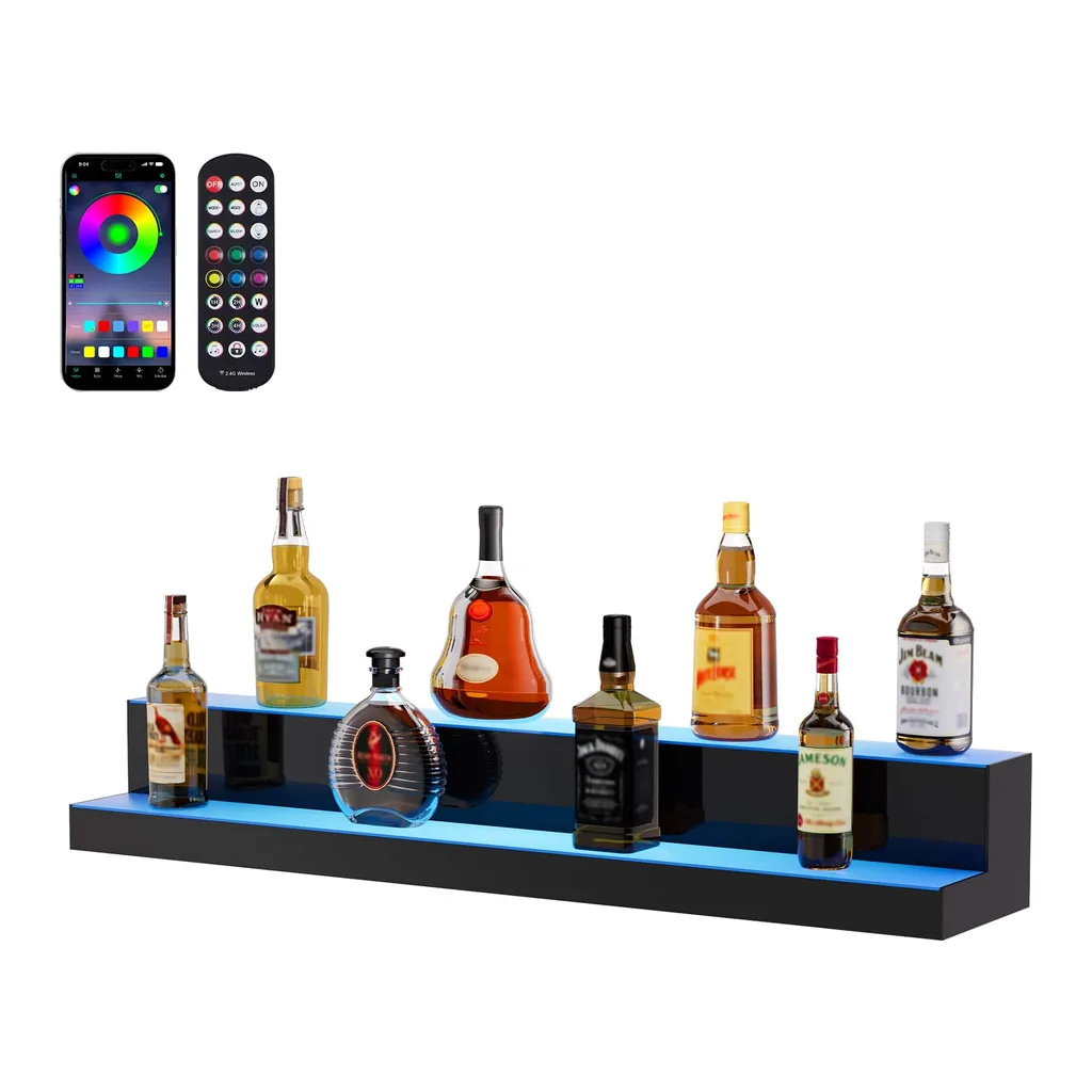 bb649843-955b-49b5-adb7-8accb50f59b8.jpg VEVOR - LED Lighted Liquor Bottle Display, 2 Tiers 40 Inch Commercial Illuminated Home Bar Shelf, 2 Steps Whiskey Rack Stand - Transparent