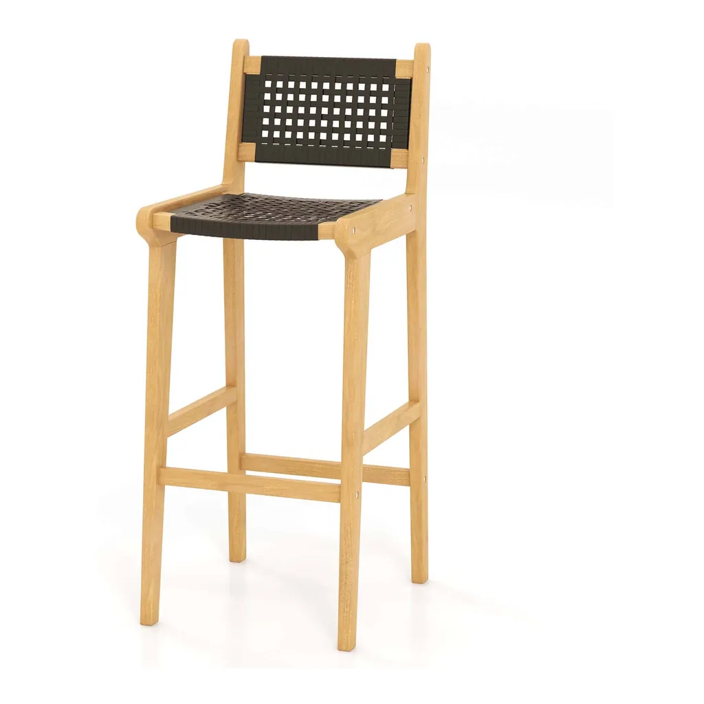 bbb109a9-6b0f-4c43-995a-e2ccdae93ea7.jpg Costway - 1 PCS 30" Teak Wood Bar Chair with Backrest & Footrest Bar Height Chair for Deck - Black + Natural
