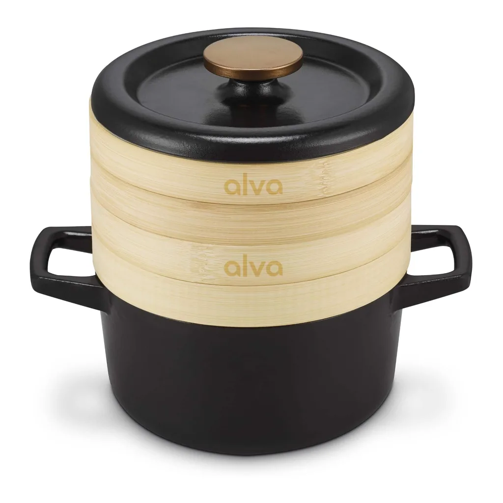 bc8c2429-8094-4822-8a28-077dc251a5ee.jpg Alva - Nori Enameled Cast Iron Cocotte with Steamer Inserts, 2.5-Qt - Black