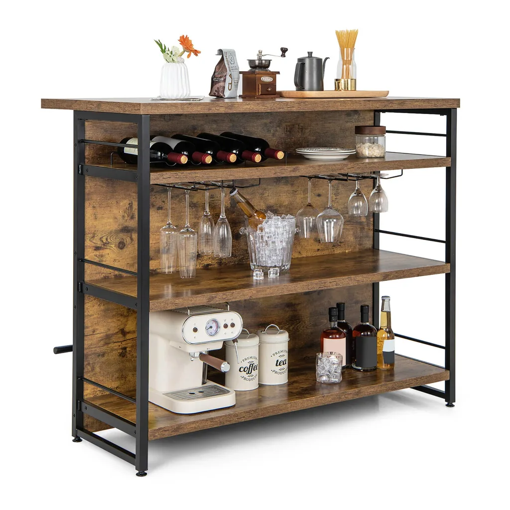 bd6cfb6e-3f0d-408e-be30-455ba8d94ff7.jpg Gymax - Industrial Kitchen Island Bar Table 4-Tier Storage Shelf Wine Rack Glass Holders - Rustic Brown