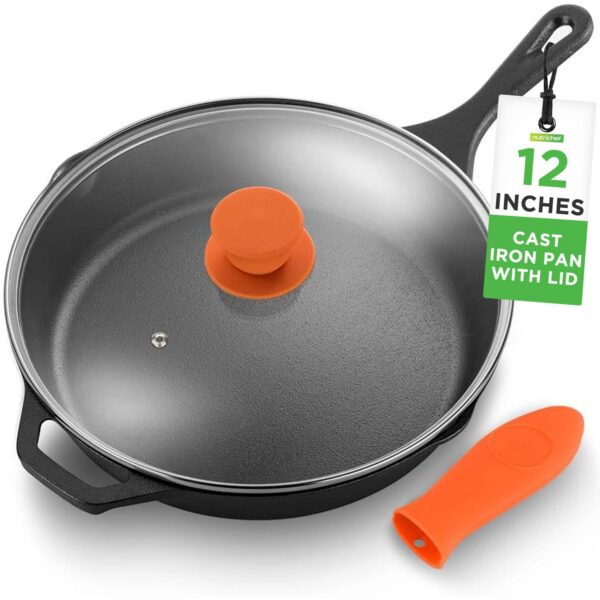 be722e49-036a-46f6-8c70-373a46dda478.jpg NutriChef - 12-Inch Cast Iron Skillet with Lid, Pre-Seasoned, Oven Safe, Nonstick, Silicone Handle (NCCI12) - Black