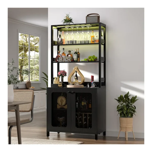 bec98ede-9c08-423d-a16f-3e9b476fcf74.jpg Aheaplus - 67'' Tall Wine Cabinet with LED Light and Power Strip, Liquor Cabinet with Glass Holder & Shelves - Black