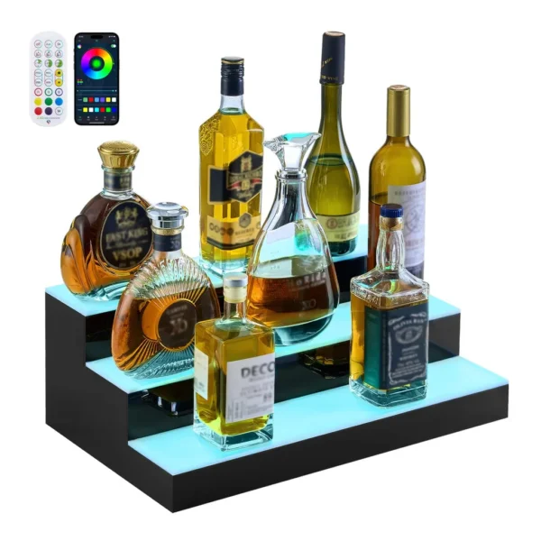 bee6695e-46b0-469a-aee0-20e8ceea5395.jpg VEVOR - LED Lighted Liquor Bottle Display,3Tiers 20Inches Whiskey Rack,Supports USB,with RF Remote & App Control,9 Static Colors - Black,White
