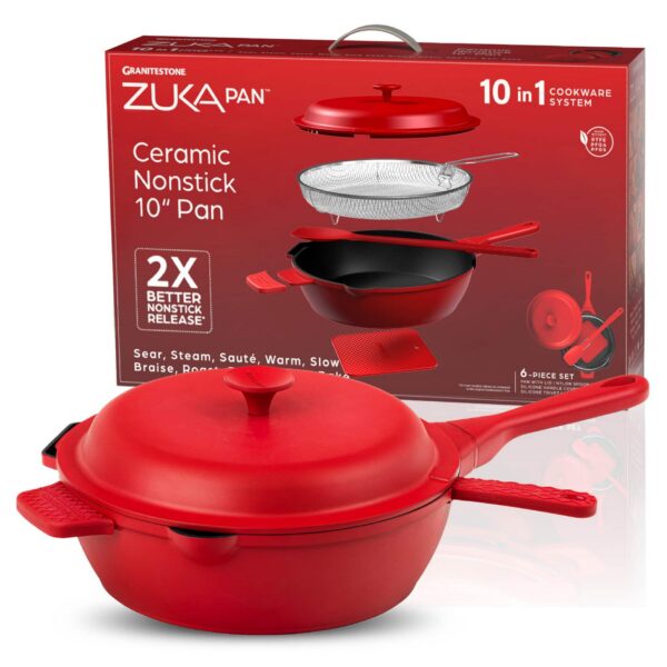 bfc8c90d-64d8-4704-b489-4c77a1abadfd.jpg Granitestone - Zuka Everyday Pan 10" Nonstick Multi-Functional Saute Pan with Lid, Nylon Spoon and Steamer Basket - Red