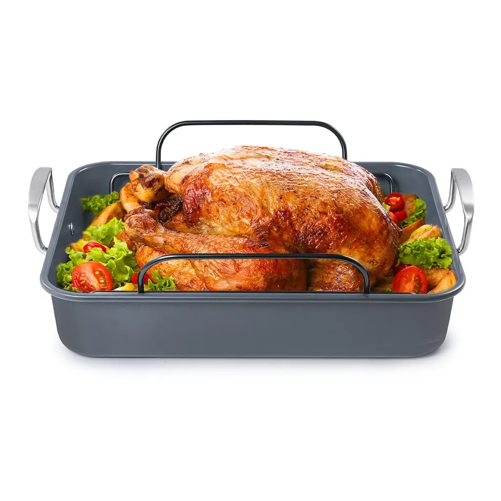 bfd676e5-5cad-45b6-b77b-67dfac86e2cb.jpg Black+Decker - Large Turkey Roasting Pan with Rack, 0.8mm Carbon Steel Baking Pan with Ceramic Non-Stick Coating, Up to 24 lb. Turkey