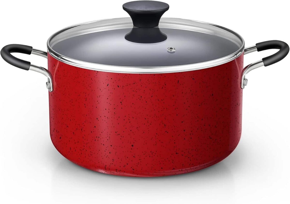 c042ea61-e4ff-4c9e-9c6b-dcaec5a9c07d.jpg Cook N Home - Professional 6 Qt Nonstick Stock Pot with Lid, Riveted Handles, Induction ,Oven & Dishwasher Safe, Marble - Red
