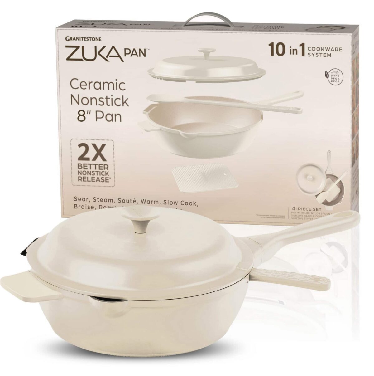 c1fc9707-b3f8-4e71-9fba-820a534d8361.jpg Granitestone - Zuka Everyday Pan 8" Nonstick Multi-Functional Saute Pan with Lid and Nylon Spoon - Cream