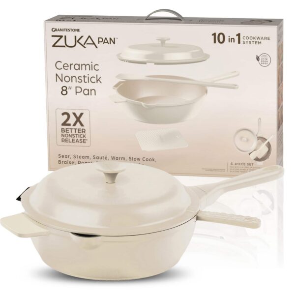 c1fc9707-b3f8-4e71-9fba-820a534d8361.jpg Granitestone - Zuka Everyday Pan 8" Nonstick Multi-Functional Saute Pan with Lid and Nylon Spoon - Cream