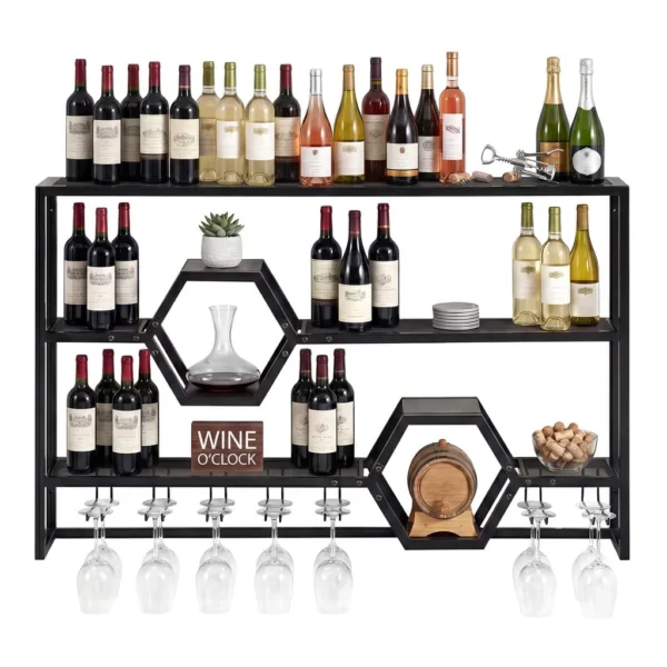 c54f969d-8574-4c3f-a5cd-152172aa5de8.jpg Costway - Wall Mounted Wine Rack 47" Large Floating Bar Shelves with Glass Holder for Kitchen - Black