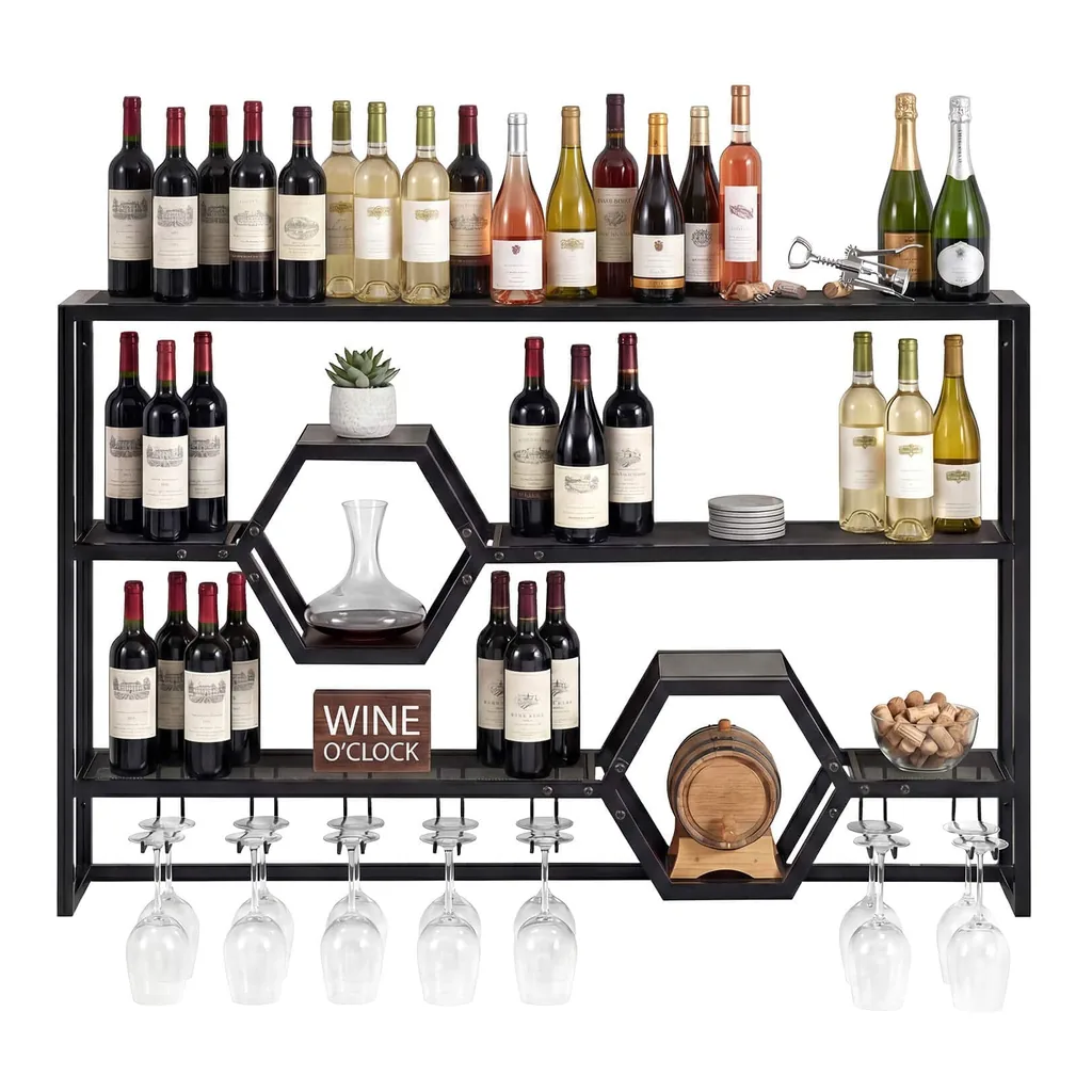 c54f969d-8574-4c3f-a5cd-152172aa5de8.jpg Costway - Wall Mounted Wine Rack 47" Large Floating Bar Shelves with Glass Holder for Kitchen - Black