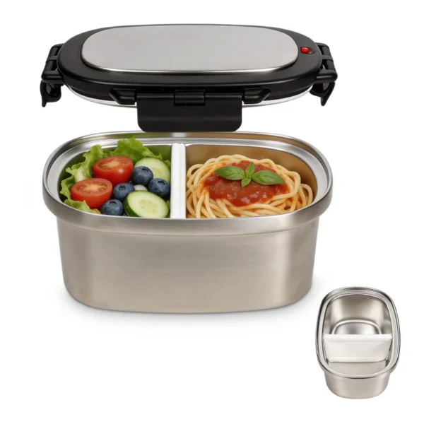 c591cf4a-c895-4b35-8fc1-ddce2dfe3a59.jpg KOOMADE - 304 Stainless Steel Divided Insulated Bento Box, Leakproof Lunch Box 4H Warm 8H Cold Container with Thermal Bag - Silver Lunch Box with Black Lid