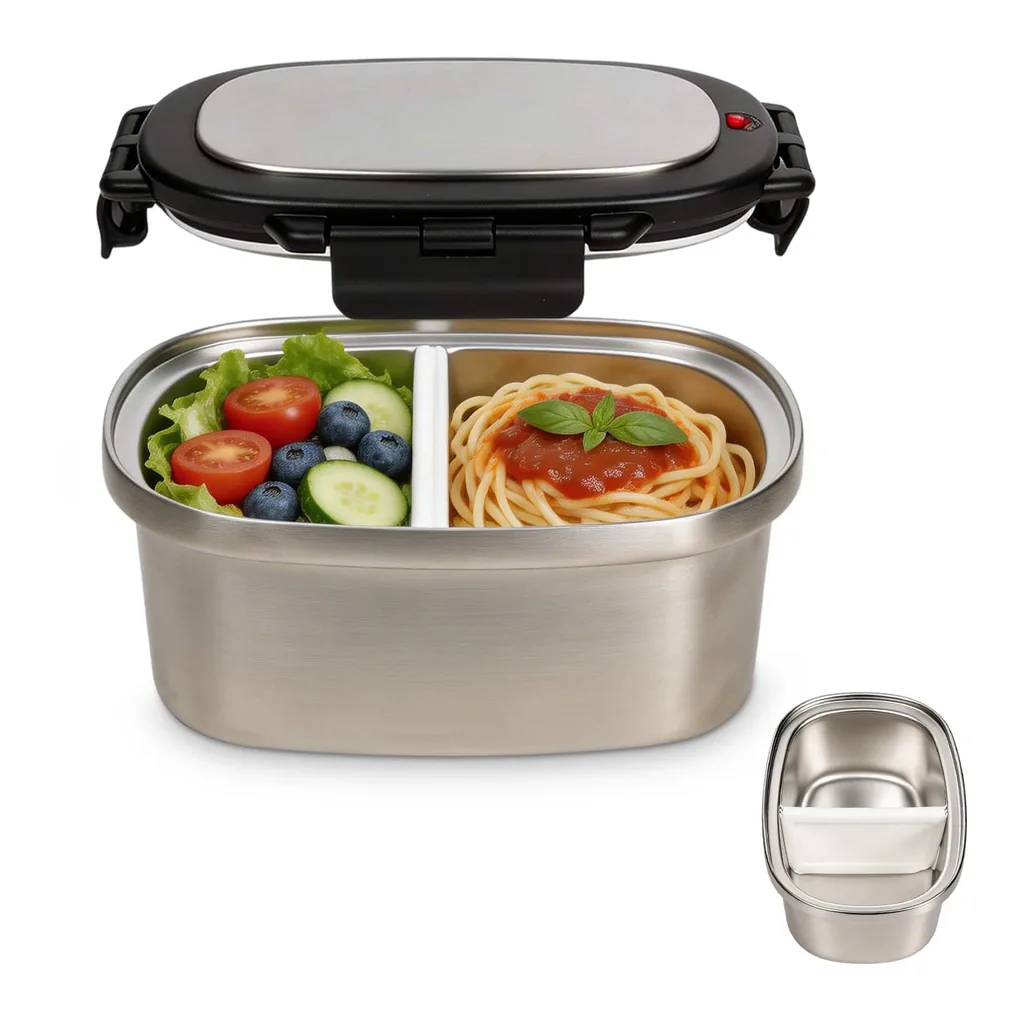 c591cf4a-c895-4b35-8fc1-ddce2dfe3a59.jpg KOOMADE - 304 Stainless Steel Divided Insulated Bento Box, Leakproof Lunch Box 4H Warm 8H Cold Container with Thermal Bag - Silver Lunch Box with Black Lid