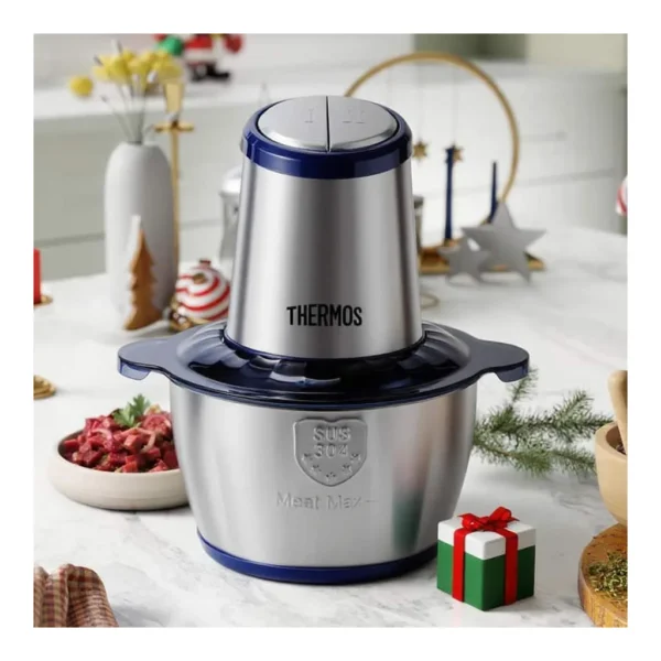 c681cb4f-1c25-4968-9801-049e0ce67356.jpg Thermos EHAI-5622A 8 Cup Functional Food Processor 4 Blades 2 Bowls Mini Vegetable Chopper 500w Feed Chute & Pusher For Mincing, Dicing – Silver