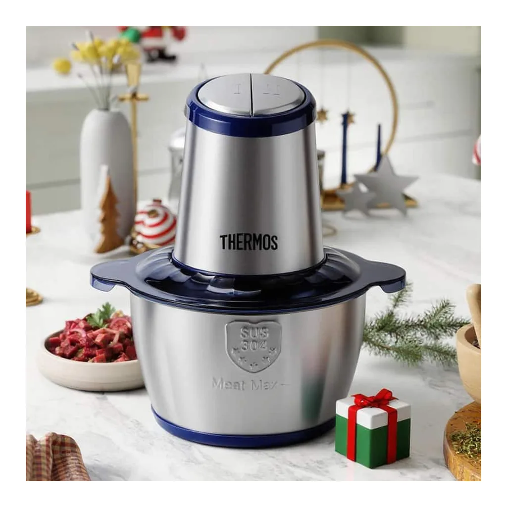 c681cb4f-1c25-4968-9801-049e0ce67356.jpg Thermos EHAI-5622A 8 Cup Functional Food Processor 4 Blades 2 Bowls Mini Vegetable Chopper 500w Feed Chute & Pusher For Mincing, Dicing – Silver