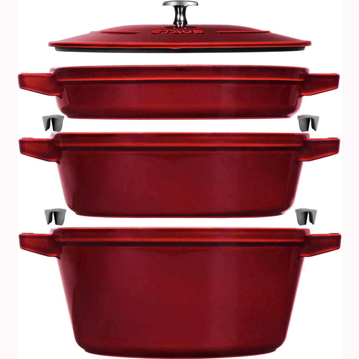 c683deef-f331-46a4-9cba-0c72d8643e5f.jpg Staub - Cast Iron Set 4-pc, Stackable Space-Saving Cookware Set, Dutch Oven with Universal Lid, Made in France - Grenadine