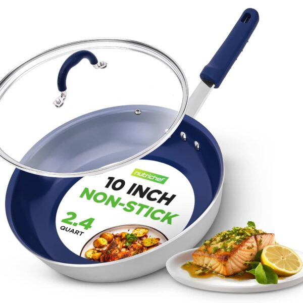 c7e0cfdc-d47f-4d6c-95ed-e645299d7388.jpg NutriChef - 10" Fry Pan with Lid, Nonstick Skillet, Silicone Handle, Ceramic Coating, Stain-Resistant (NCFRLD10) - Silver exterior/Blue interior
