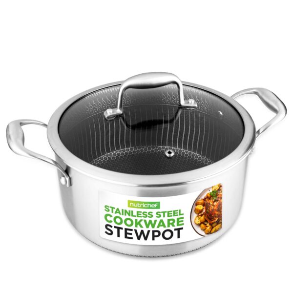 c820bd39-297a-4a04-8240-1ee522e56d8b.jpg NutriChef - 5-Quart Stainless Steel Stew Pot, Non-Stick with Glass Lid & Raised Honeycomb Pattern - NC3PCAS - Silver