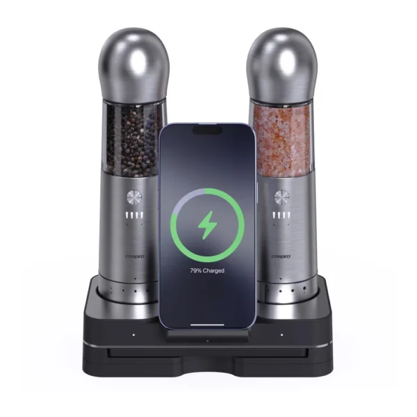 c8f664f2-f55a-4d02-a62f-ea268c9ff40a.jpg Cospro - Electric Salt and Pepper 2 Grinders with Smart Phone Charging Pad - Stainless Steel