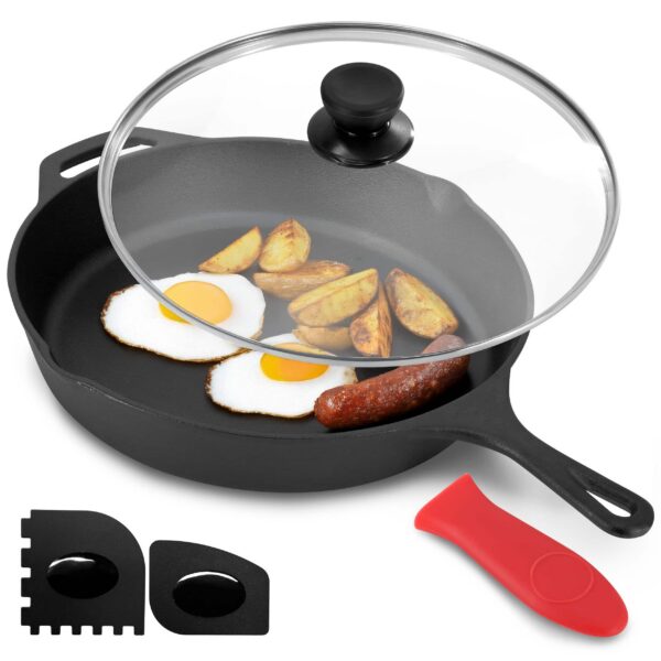 cb7fd220-46f7-4fb1-9ae7-f2bfca0778e4.jpg MegaChef - 12 Inch Pre-Seasoned Cast Iron Skillet with Tempered Glass Lid - Black and Red