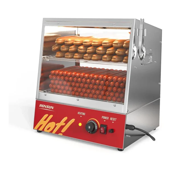 cc12c2ac-9ea2-4fae-8a5b-f5a30ad09d6b.jpg Winado ROVSUN NB-RGG-002 31.8QT/30L Hot Dog Steamer, 2-Tier Hot Dog Hut Steamer with 175 Hot Dogs & 40 Buns Capacity, Bun Warmer Cooker,Food Clip – Silver & Red