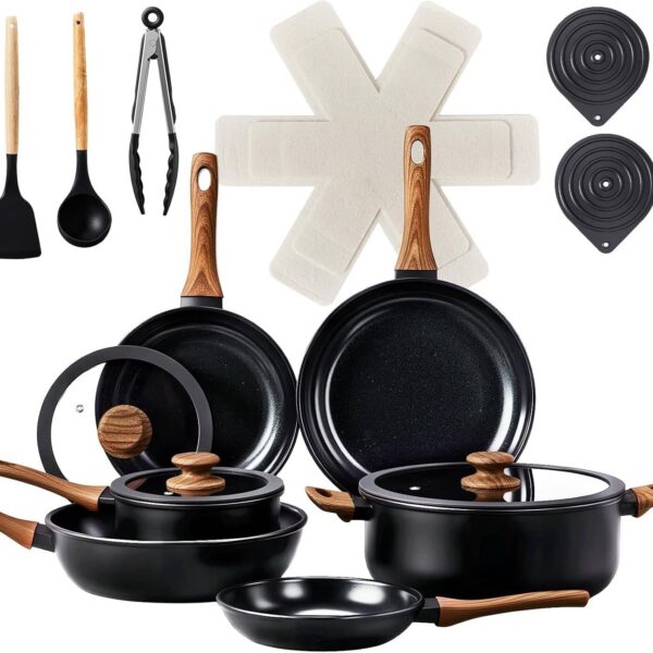 ccbf9d1c-dfeb-480f-b381-365bde5d2b6e.jpg Winado - 20 Pieces Nonstick Pots & Pans Set, Cast Aluminum Kitchen Cookware Set with Saucepan, Frying Pan, Soup Pot for Families - Black